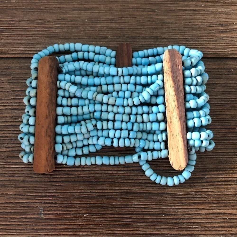 Teal seed bead stretch cuff bracelet